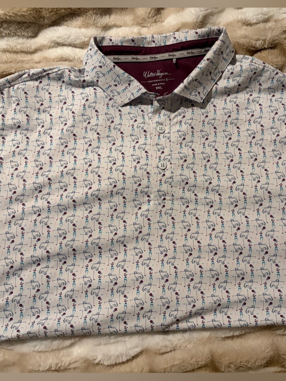 Walter Hagen White Polo with Teal and Burgundy Golf Print